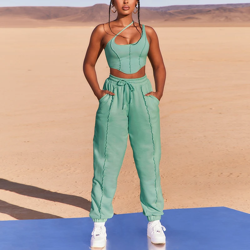 Casual Sweat Pants Set One Shoulder Top And Pant Set Fall 2021 Women Clothes Apparel Fall Clothing Tracksuit Set For Woman