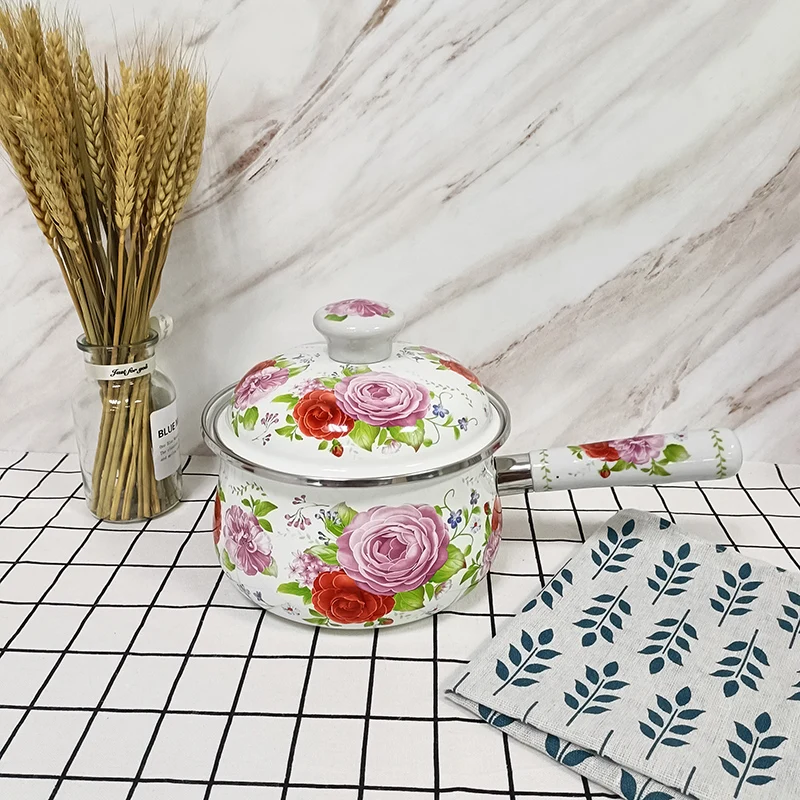 Enamel Milk Pot With Lid Enamel Kitchenware Cast Iron Enamel Coating Full Decal 210 Stainless Steel Flat Sides