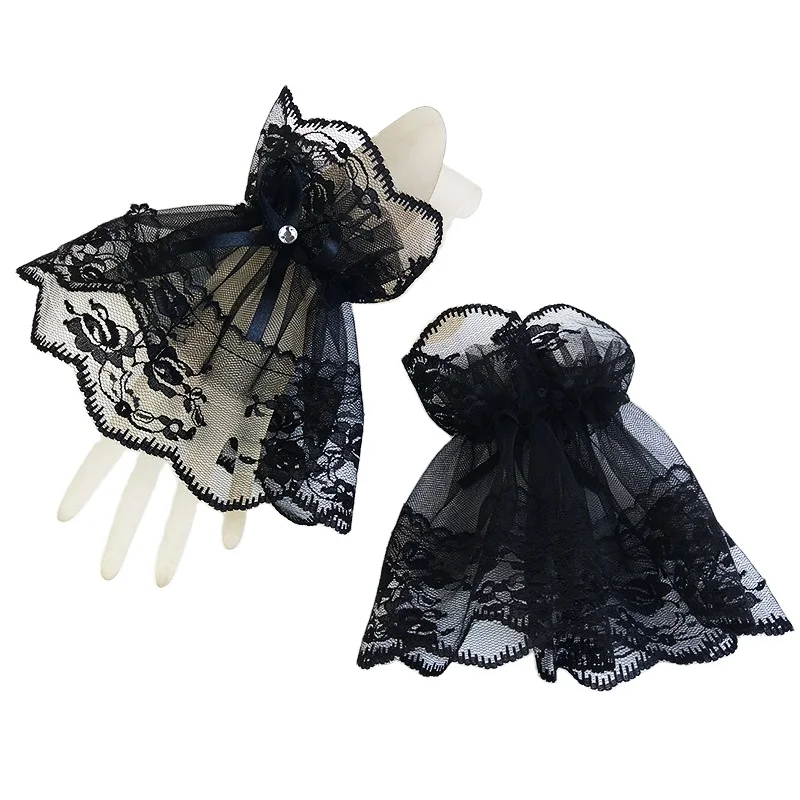 New Fashion Accessories Halloween Dress Gloves Black Lace Mesh Bow Diamond Paste Sun-Protection Hand Cuff Bride Glove