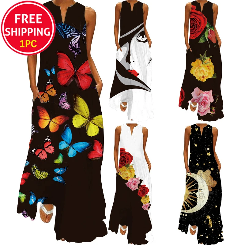 Butterfly Printed Black Dress 2022 Elegant Casual Woman Summer Long Beach Sleeveless Maxi Bohemian Dress For Women