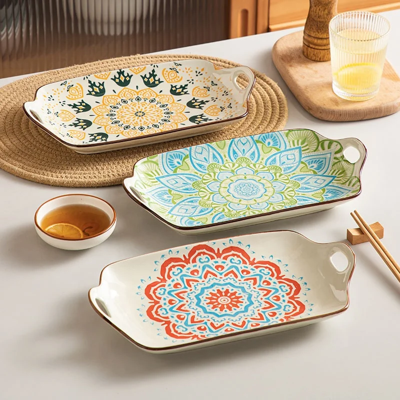 Bohemian Luxury Plate Good Quality Ceramic Plate Dinnerware Rectangle Ceramic Plate With 2 Handles