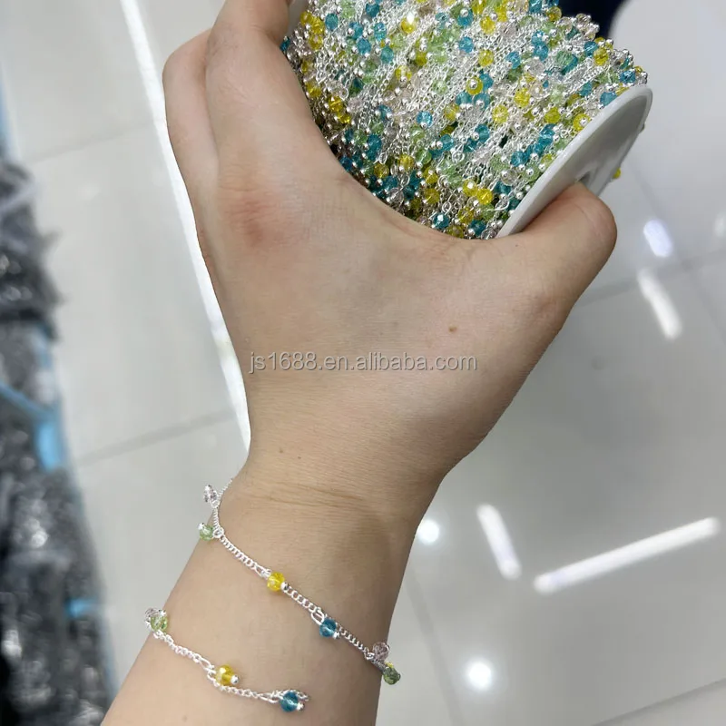 stainless steel crystal beads chain for jewelry making yellow blue mix beaded chain DIY necklace accessories