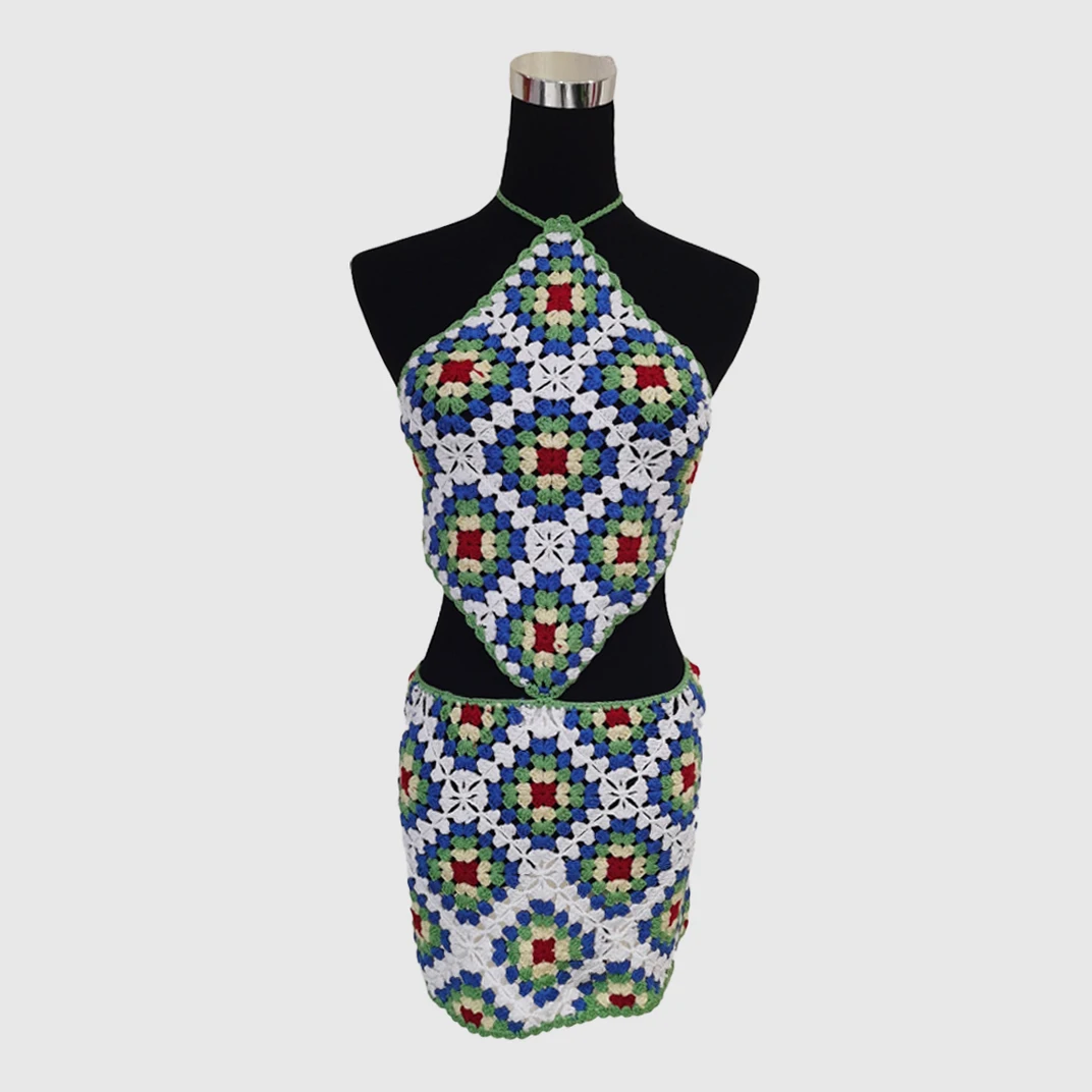 D1210TD55 Best Seller Halter Straps Backless Knitted Floral Dressy Two Piece Skirt Set Sweater For Women Sehe Fashion