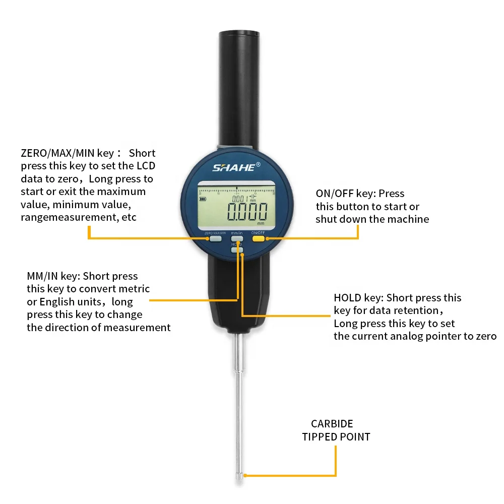 SHAHE Metric/Inch 0-50 mm 0.001mm Electronic Indicator with Rechargeable Battery Waterproof Digital dial Indicator