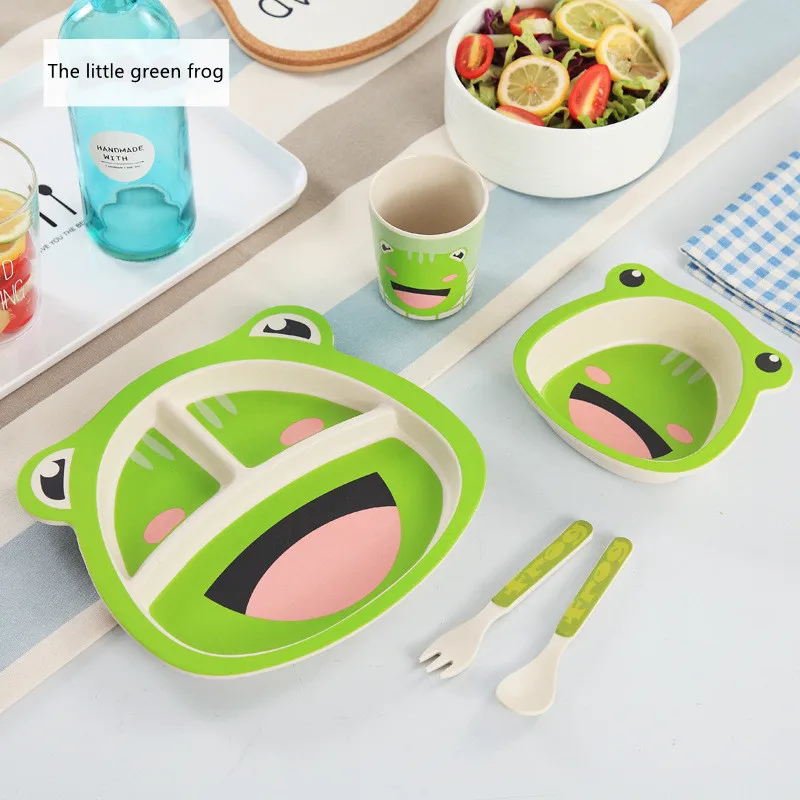 2021 cross-border hot baby cartoon environmental protection tableware five-piece set, degradable bamboo fiber material
