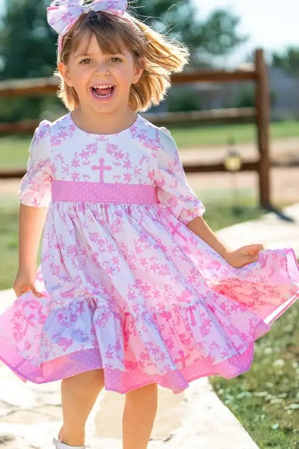 2022 Easter print new girl cute pink baby girl dress small flying sleeves ruffle hem kids dresses for girls