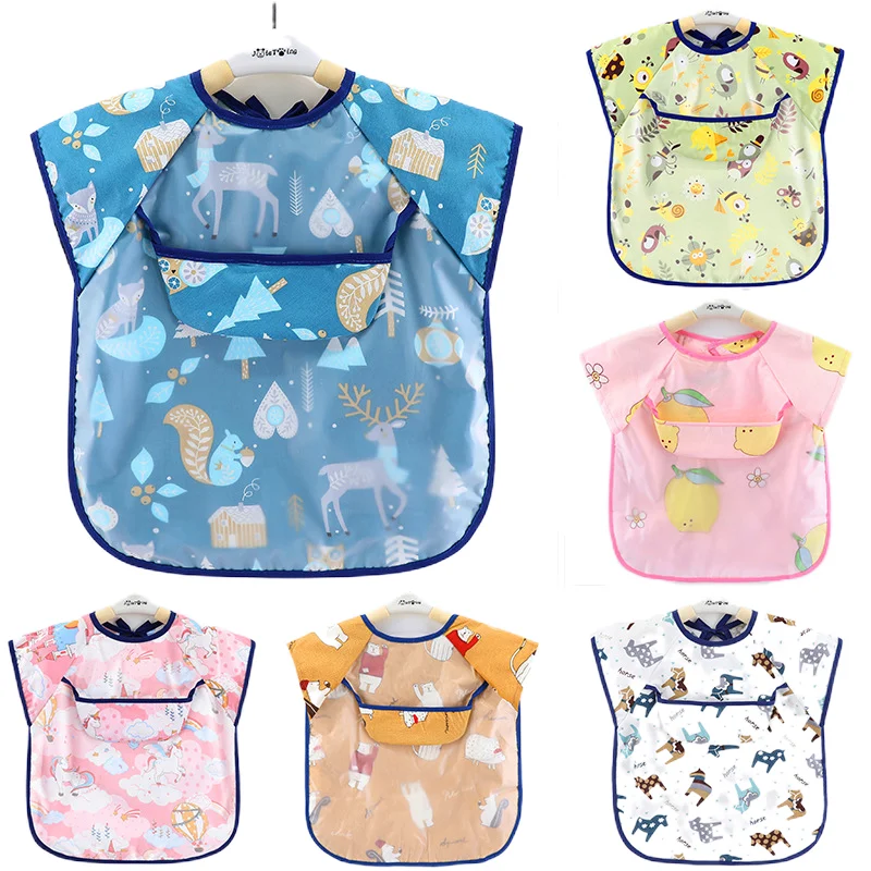 Baby girl eat overall waterproof and dirty qiu dong thin section sleeveless gown apron children cotton baby bib pocket