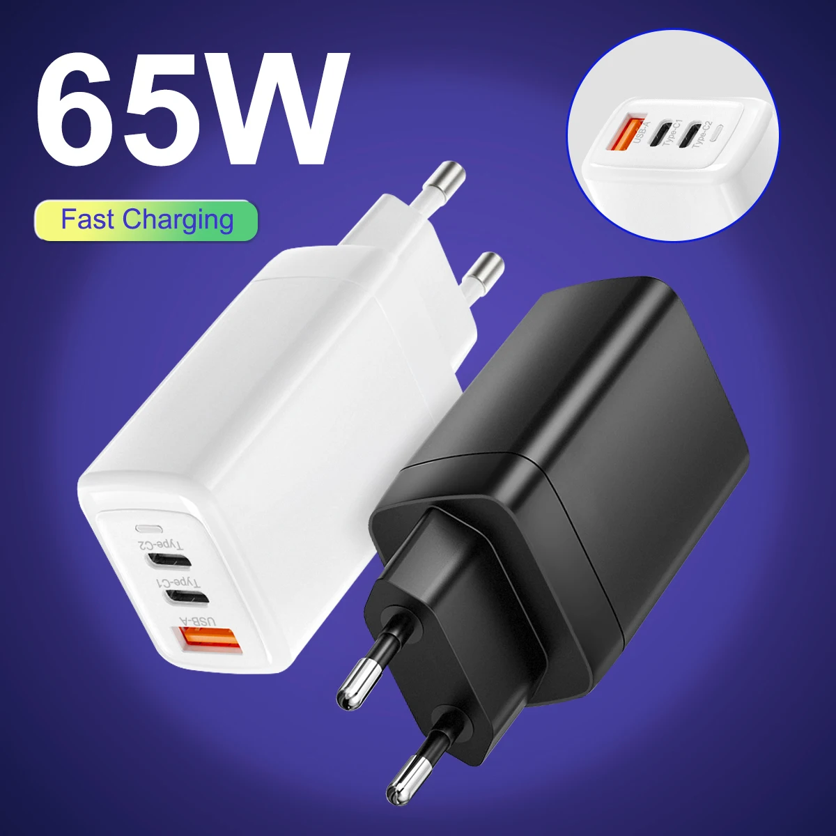 Custom US EU Wall Plug 3 Usb Ports Quick Charge QC3.0 New PD 65w Usb-c Fast Charger GaN Tech Type c Power Adapter