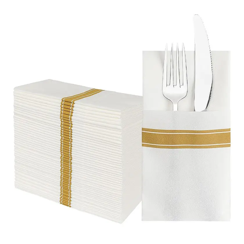 Thickness Linen Feel Pocket Type Napkin 1ply Airlaid Dinner Napkin Wedding Tissue with Pocket for Knife Fork