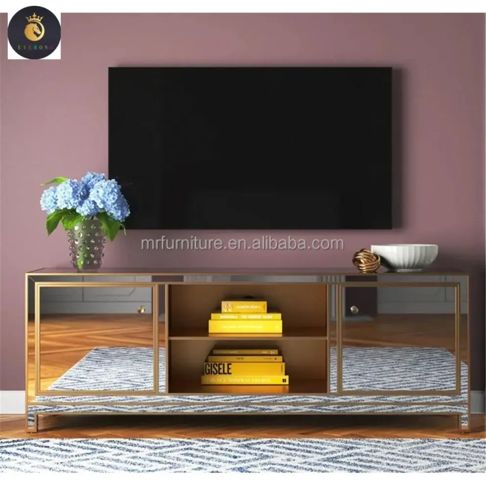 Other Wood Furniture Luxury TV Stand Cabinet Mirror Modern Style Golden Frame TV Console Stand For Living Room