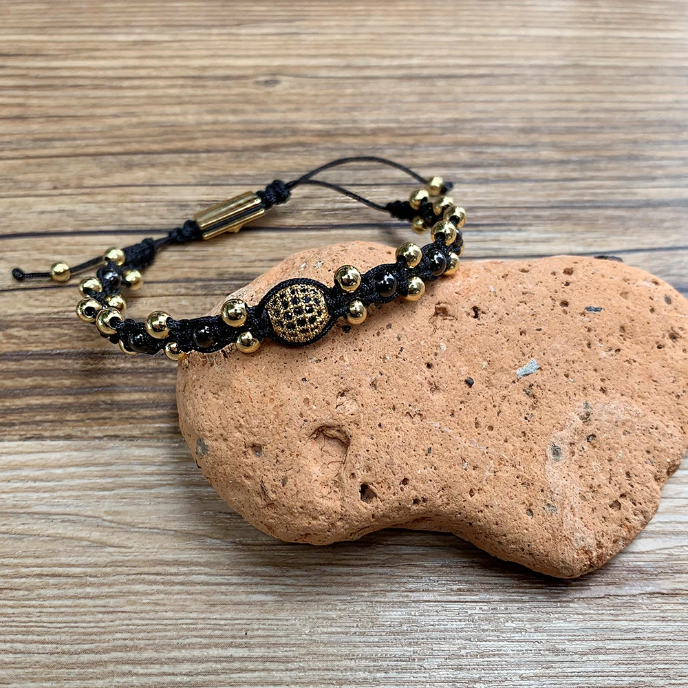 CZ micro pave Brass Embossing Bronze accessories Frosted material Stone Losse Bead Chain Bracelet Elastic Rope Baseball