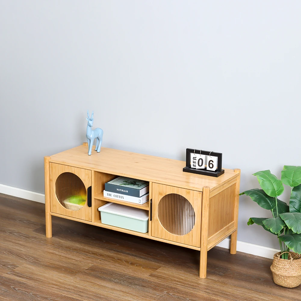 Modern Accent TV Console Cabinet Small Household Bamboo TV Stand Table with 2 Doors 2 Shelf for Living Room Bedroom