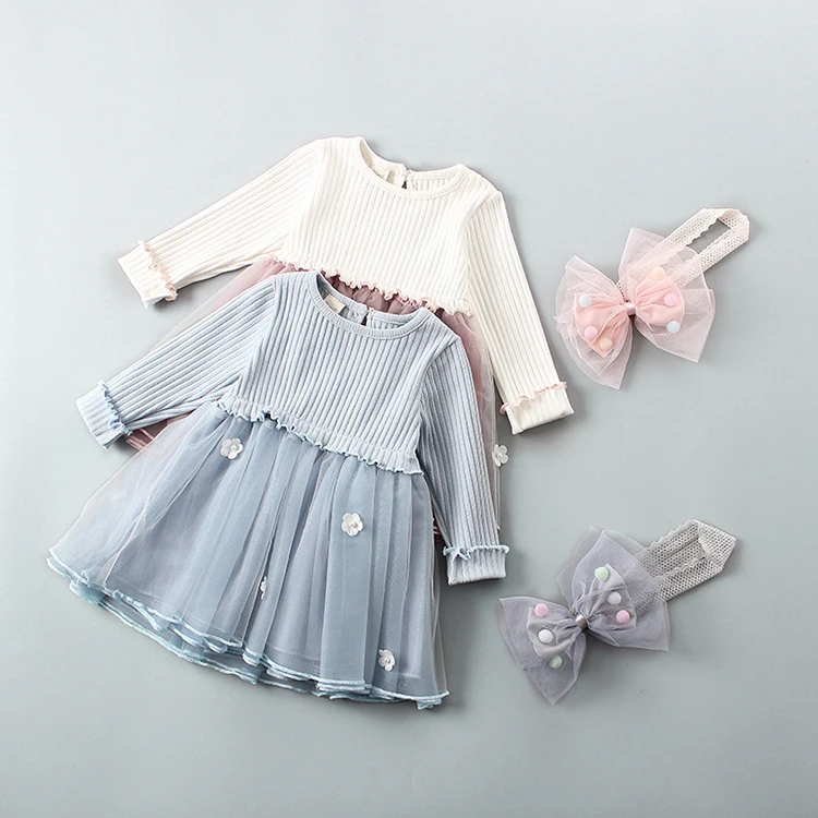 Boutique baby girl dress knitted top and gauzy skirt baby dress for Spring