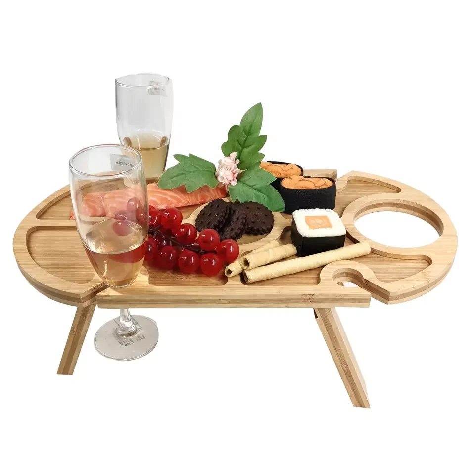 Removeable and Folding Wine And Snack Wine Holder Picnic Table Camping Table with Bottle and Glass Holder