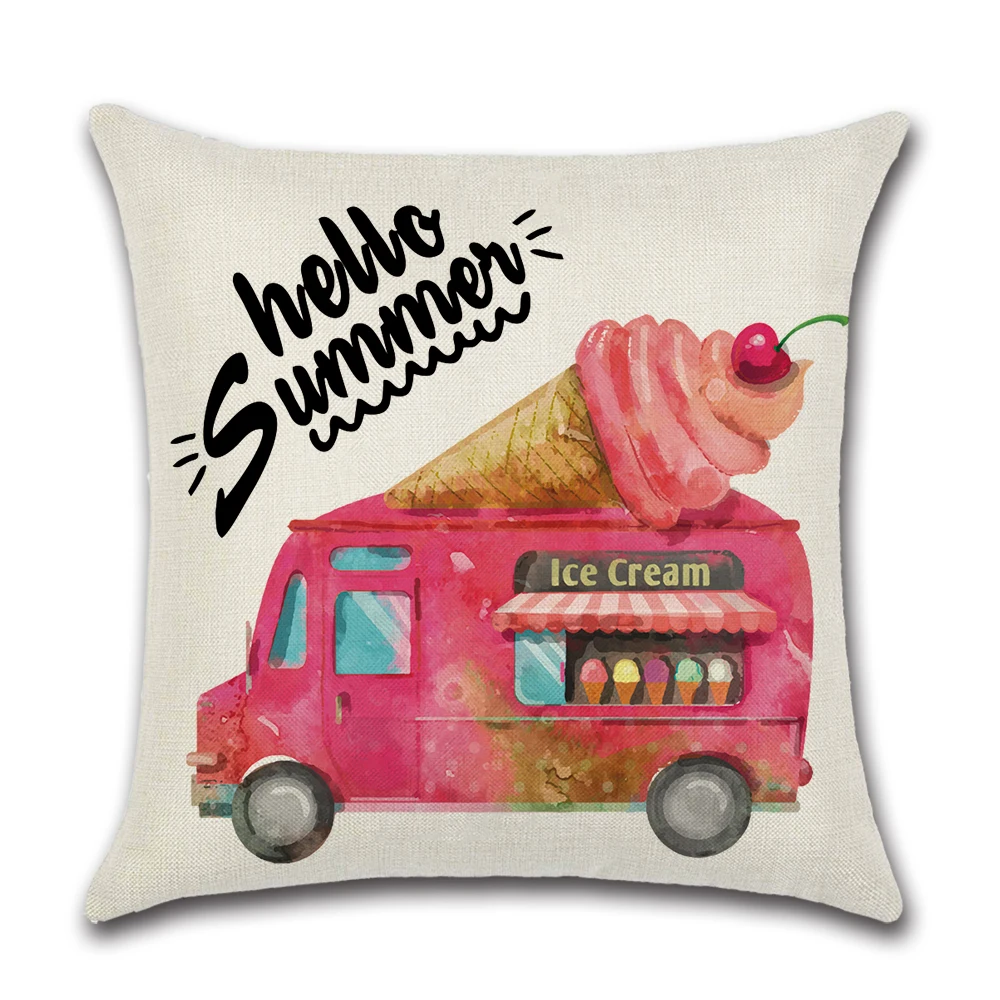 Hello Summer Ice Cream Cart Pattern Cushion Cover Floral Designs Customised Pillow Cover