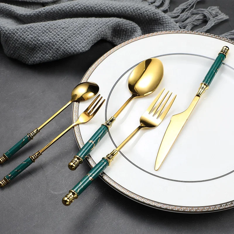 Nordic luxury peacock green stainless steel spoon ins style ceramic stainless steel chopsticks fork knife