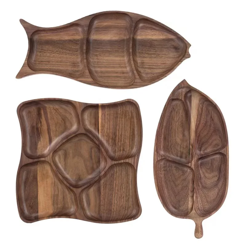 Clear wood black walnut divided grid dry fruit tray four grid household snacks snack plate can be customized wholesale