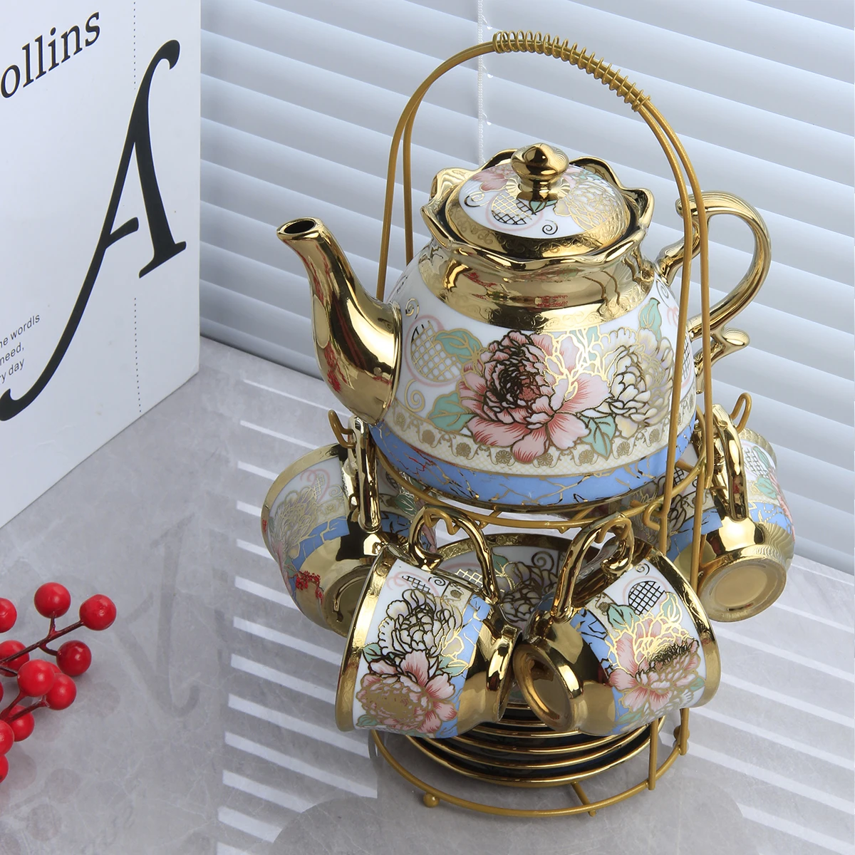 Vintage Ceramic Afternoon Tea Teapot Set French Vintage Flower Gold Ring English Teapot Coffee Cup Saucer Set