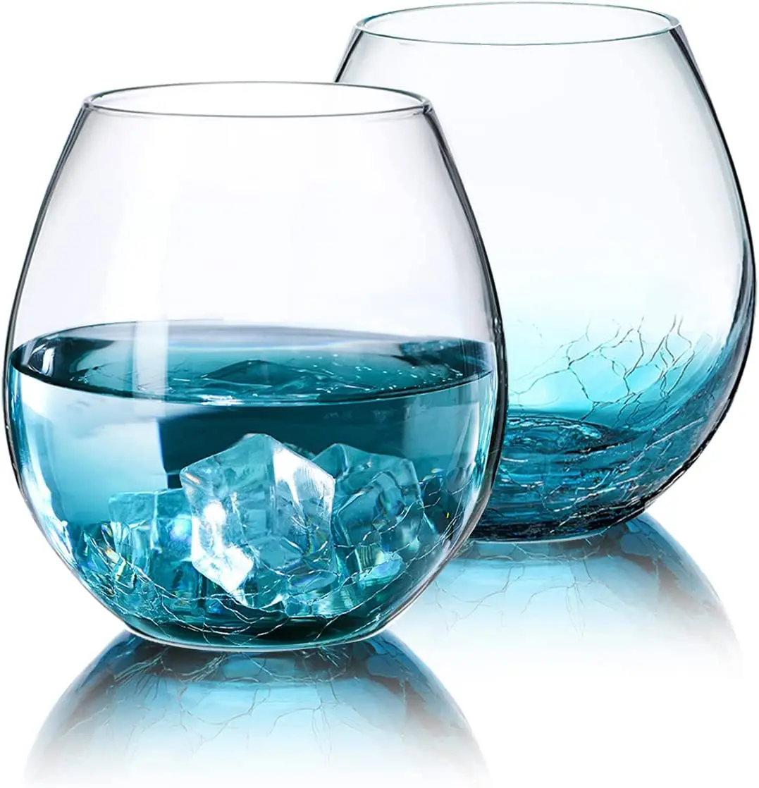 Hand Blown Lead-Free Glassware Stemless Wine Glass Blue Ice Crackle Stemless Wine Glasses Whiskey Tumbler Drinking Glasses