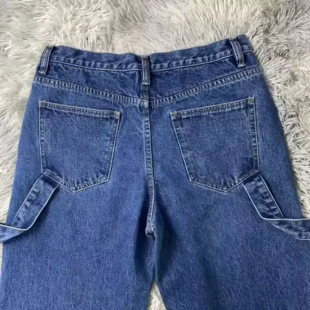 DENIMGUYS Custom Leather Applique Men Y2k Vintage High Street Raw Hem Denim Casual Versatile Loose Wide-Leg Blue Jeans