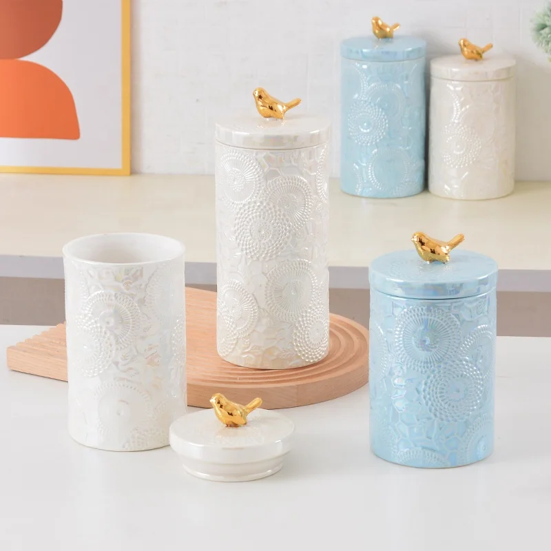 Modern Luxury Ceramic Food Storage Jar With Lid Carved Cylindrical Shape Stoneware Canister Set