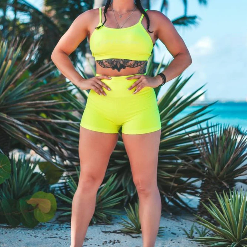 Gym Fitness Yoga Outfit Neon Yellow Cami Crop Top Sports Bra Biker Booty Shorts Two Piece Sets Outfits Adjustable Straps Women