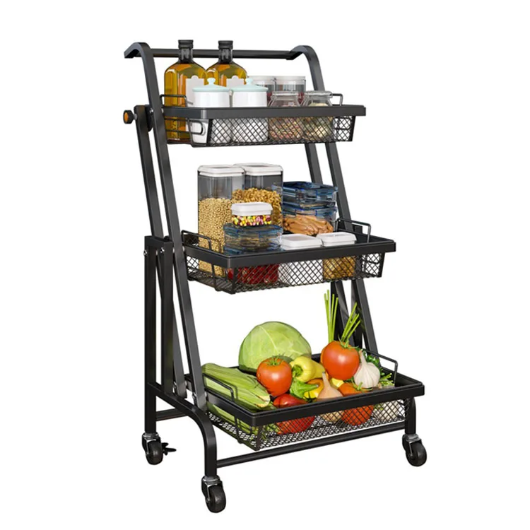 Kitchen floor-standing trolley rack multifunctional parallel folding vegetable and fruit storage basket