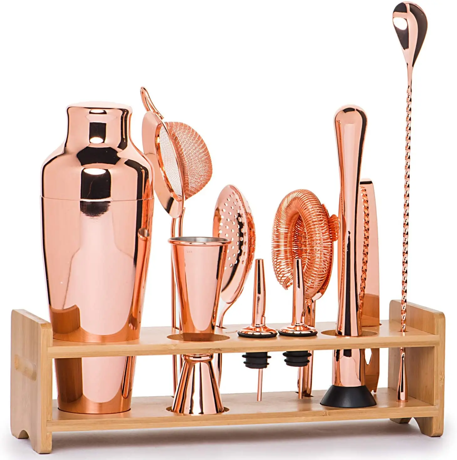 Martini Bartender Kit Copper Coated Set with Bamboo Stand 19 oz Parisian Gold Cocktail Shaker with Bar Accessories