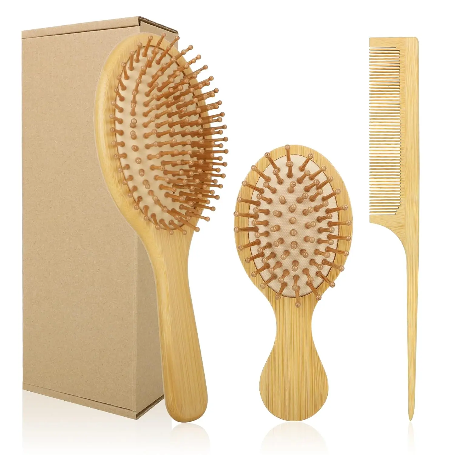 Bamboo Hair Brush Comb for Men Women Set With Tail Tooth Comb Double Head Comb Different Air Cushion Massage Brush Custom LOGO