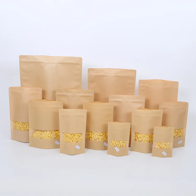 Resealable Zip lock Brown Kraft Paper Doypack Standing Up Pouches Food Packaging Bags With Clear Window and Zipper
