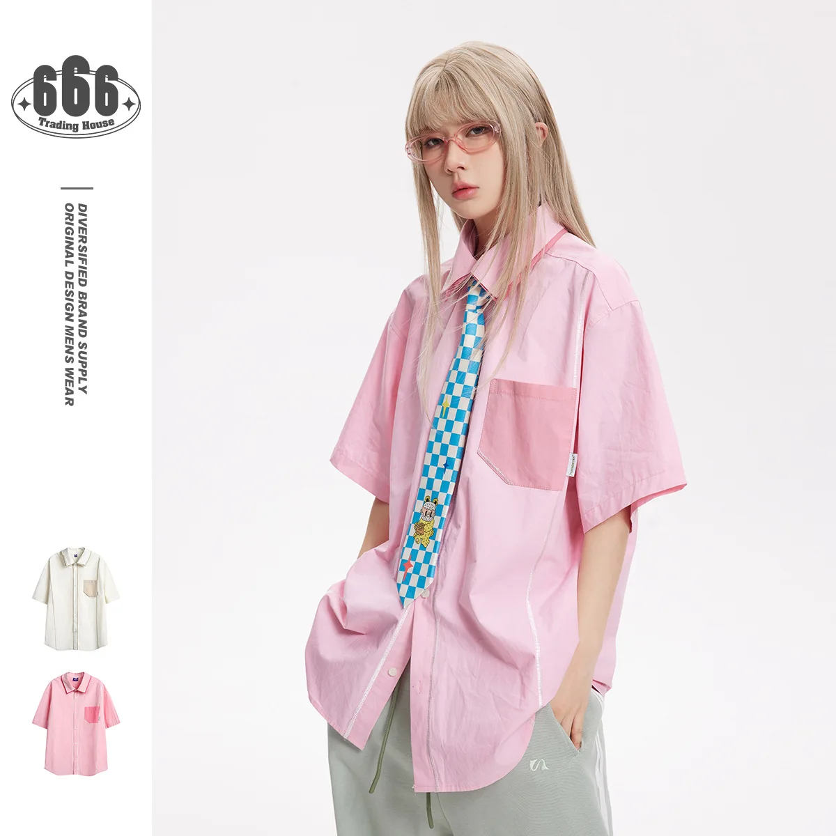 Summer new Student  top loose short sleeve stitching pink shirt