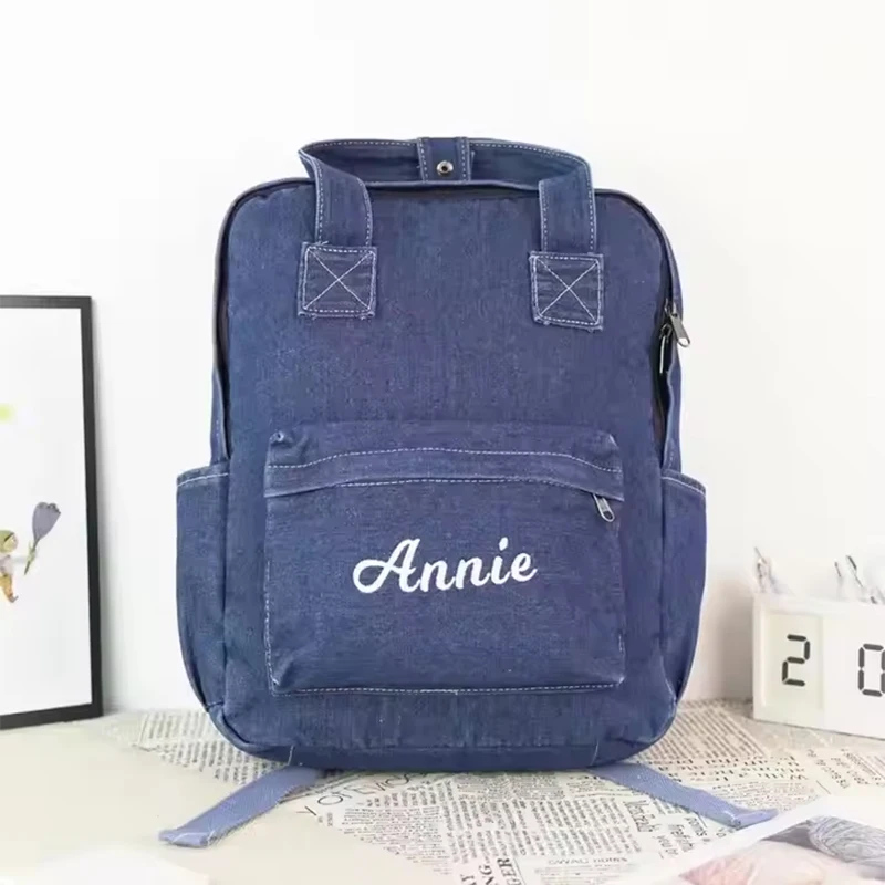 Personalized Embroider Backpack Soft School Backpack Fashion Student Denim Casual Backpack