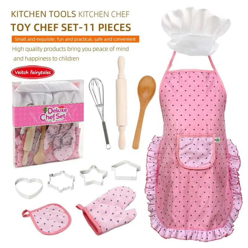 Veitch Fairytales Factory Custom Kids Chef Hat Apron Costume Baking Cooking Game Kitchen Toy Set Gift for 3+ Year Old Girl Boy