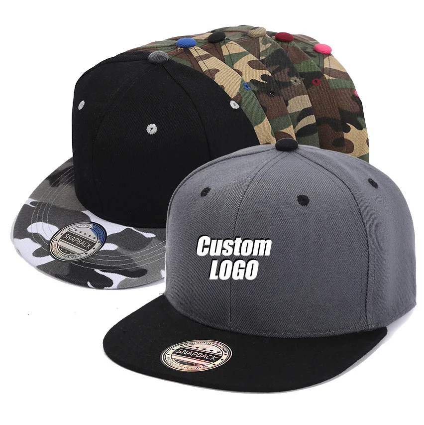 Custom Embroidered Logo Snapback Hat Classic Cotton 6 Panel Flat Bill Baseball Cap Men Camo Hip Hop Sport Snapback Cap