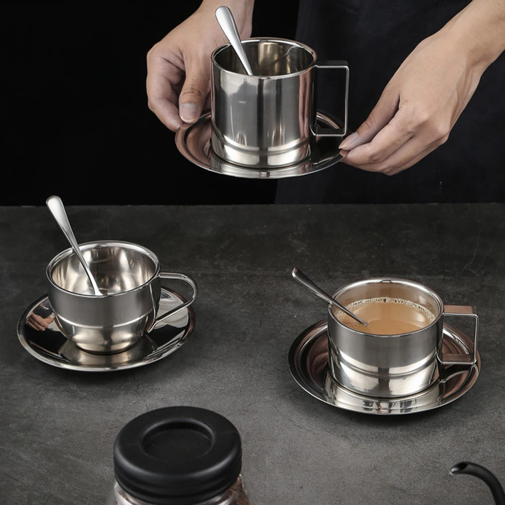 IKITCHEN 2022 New Product Coffee Cup Set Stainless Steel Tea & Cups Saucers Coffee Cup With Saucer Set
