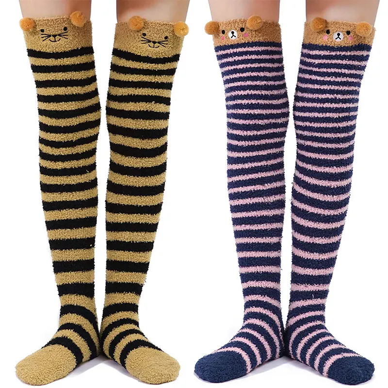Coral Velvet Thigh High Stockings Girls Striped Soft Warm Winter Socks Custom Over Knee High Fuzzy Socks for Women