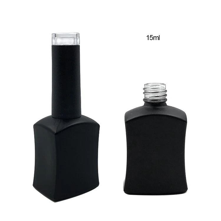 Custom 15ml 15 ml Unique Luxury Square Matte Black Empty UV Gel Glass Nail Polish Bottle with Black Brush Caps in Bulk