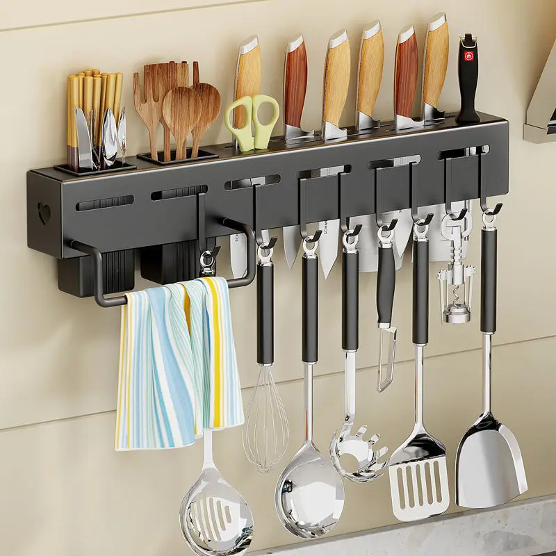 Wall-mounted Storage Organizer Kitchen Knife Spoon Utensils Holder Rack with Towel Hanger