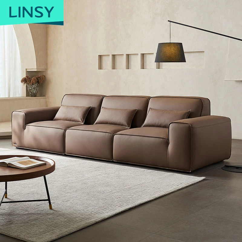 Linsy Luxury big black leather living room sofa furniture villa sofa Italian design sectional couches