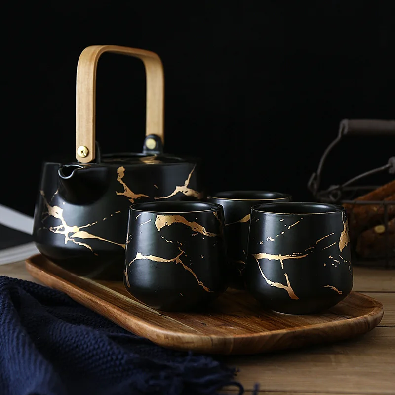 Flypeak Hot Selling Nordic Marbled Household Tea Set Japanese Black And White Porcelain Ceramic Teapot Set
