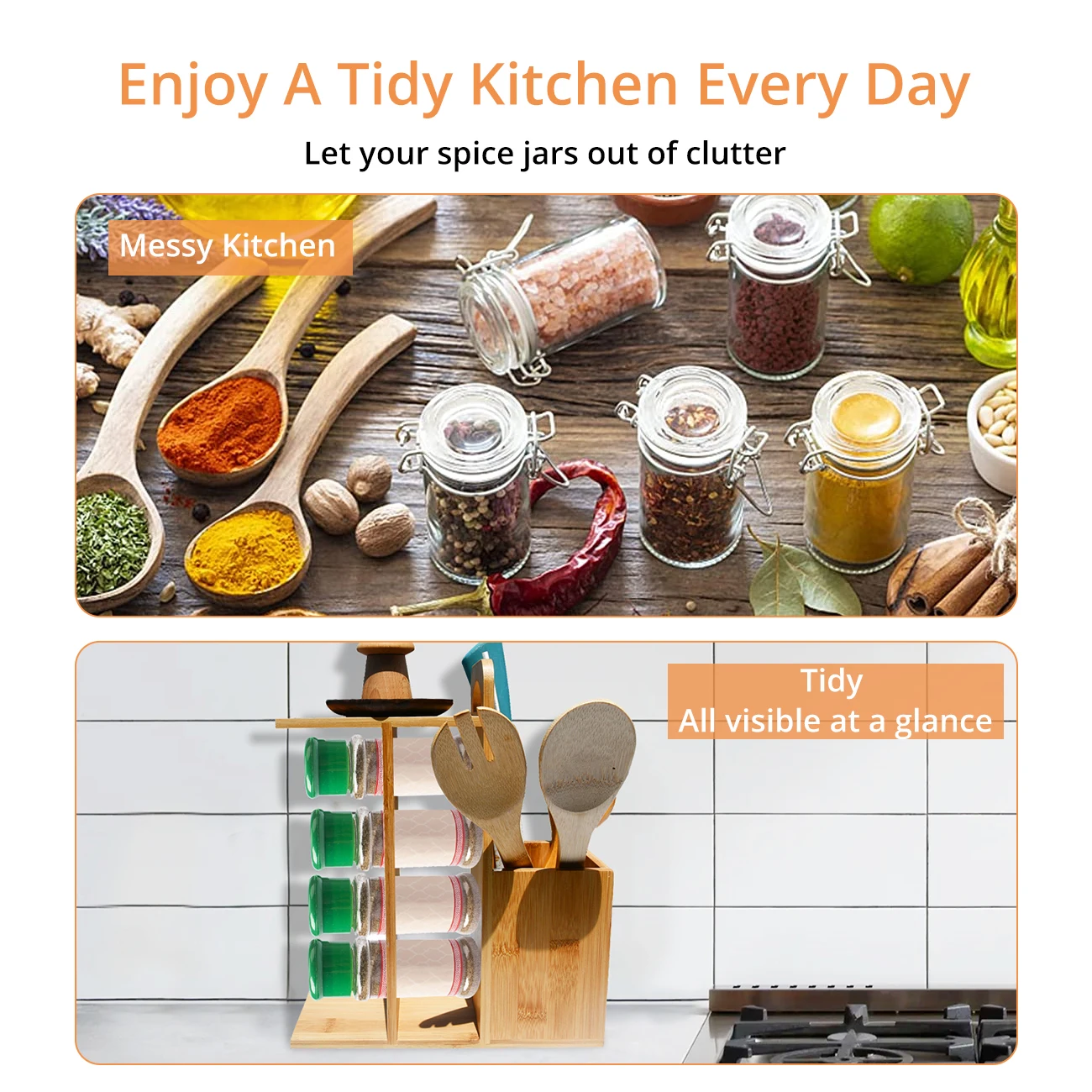 3 Tier Pull Out Revolving Magnetic Bamboo Spice Jar Bottle Organizer Rack With Utensil Holder Space Saving