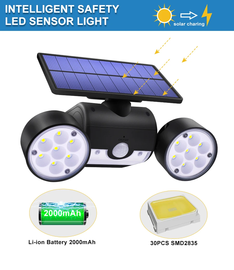 Waterproof Solar Garden Wall Light with 30led Outdoor Double Head Solar Lamp 500lm Adjustable Angle Security Lighting