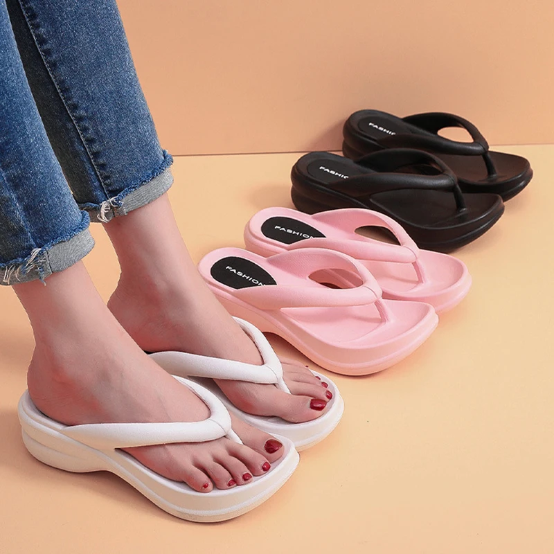 Wholesale Summer Beach Orthotics Platform Clip Toe Slippers Thick Sole EVA 6cm High Wedge Flip Flops For Women