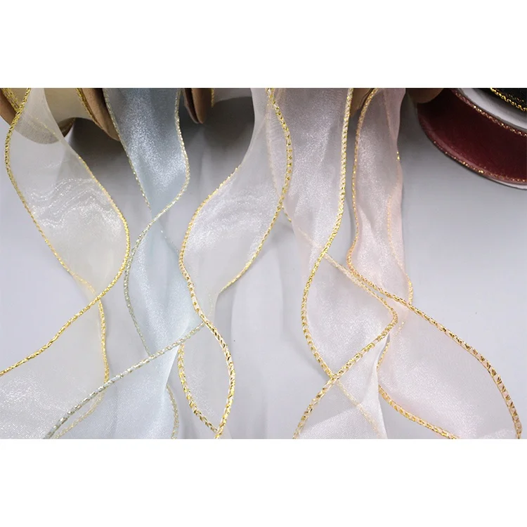 Gold Rim Striped Chiffon Ribbon Glitter Fabric for Crafting Wrap Bouquet Gift Box Dress or Flower Baked Bow Tie