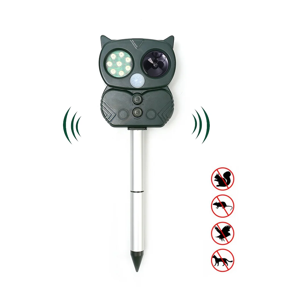 2023 New Solar Animal Repeller 5 Gear 8 LEDs Infrared Sensor Owl Ultrasonic Bird Cat Dog Beer Repeller IP65 Outdoor Garden