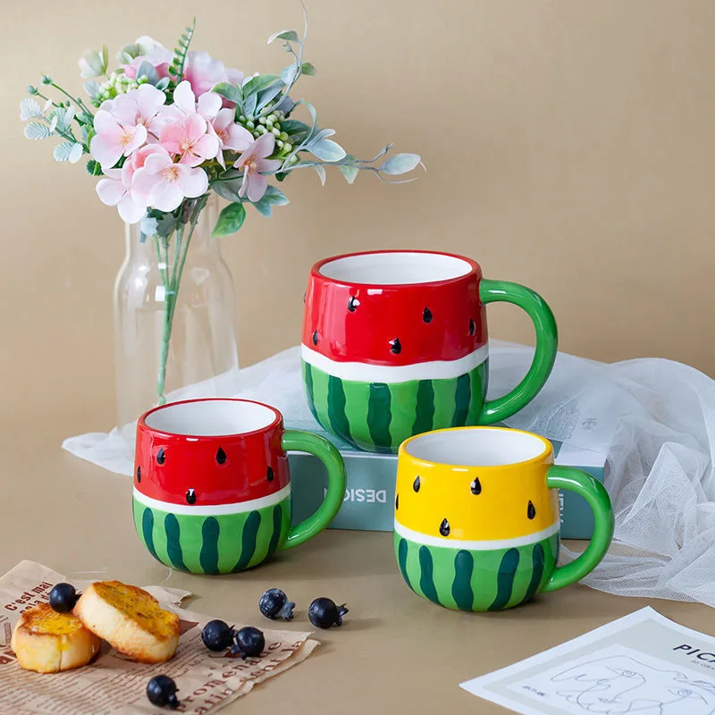 Special wholesale rates ceramic mug 3d hand painted fruit watermelon shaped Custom Cute Coffee mug tea cup  with handle