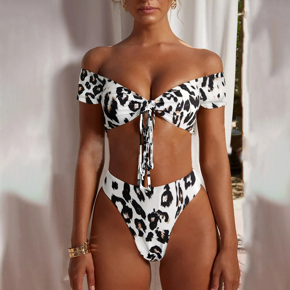 Swimwear Wholesale Women Bandeau Strapless Leopard Print High Waist Two Pieces Swimwear Sexy Bikini Sets Swimwear Beachwear