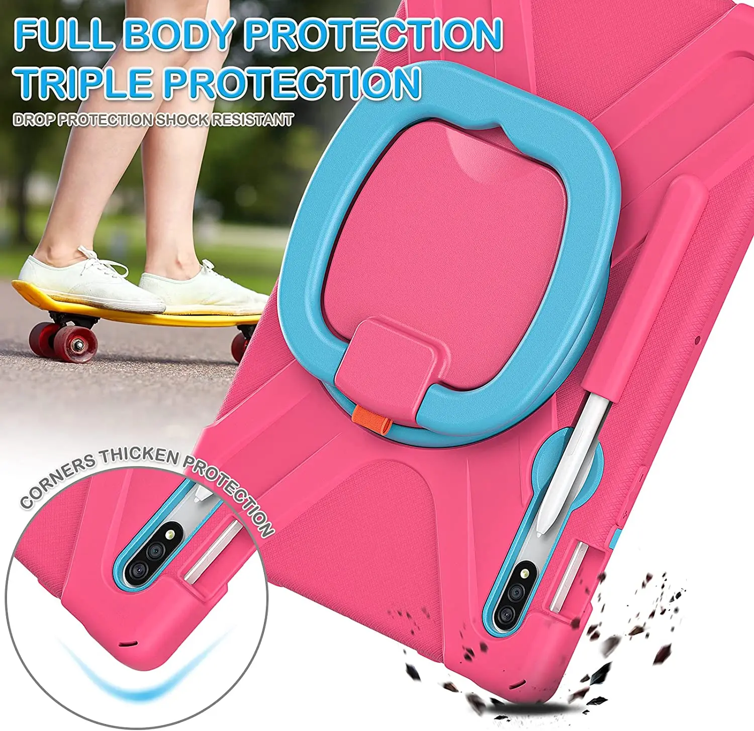 Shemax for Samsung Galaxy Tab S7 Plus Tablet,Pencil Holder Rotating Hand Strap Stand Heavy Duty Shockproof Case SM-T970/SM-T976B