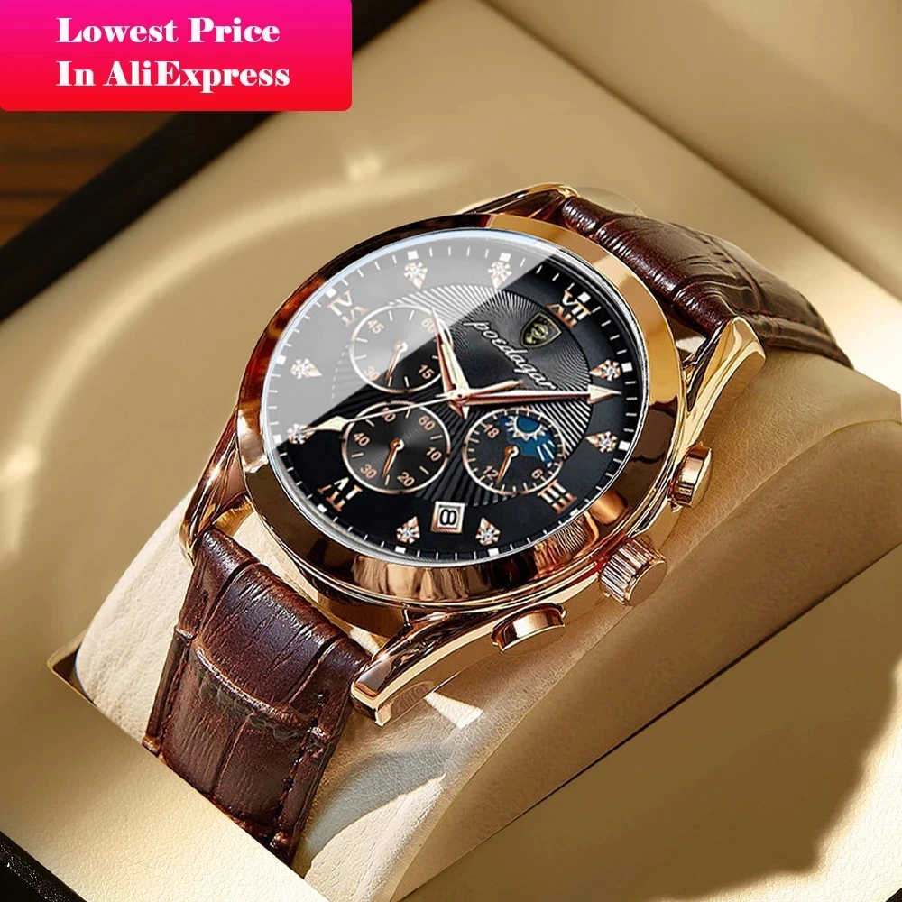 POEDAGAR 42mm Dial Brown Leather Strap Calendar Waterproof Chronograph Quartz Watch Rose Gold Case Diamond Wristwatch for Men
