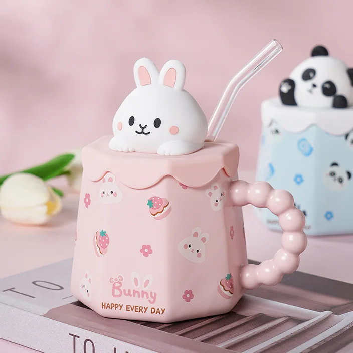 Cute cartoon rabbit ceramic cup coffee cup with cover